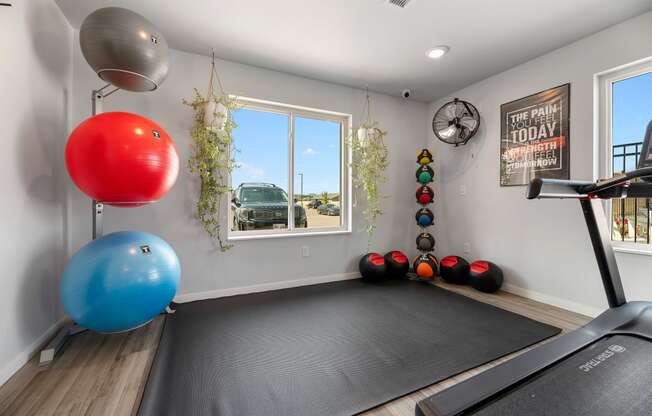 a workout room with a yoga ball and exercise equipment and a window