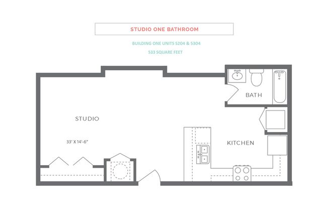 Studio, 1 bath, 533 sqft, $1,800