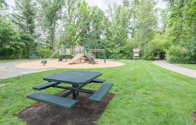 a picnic table and a playground in a park