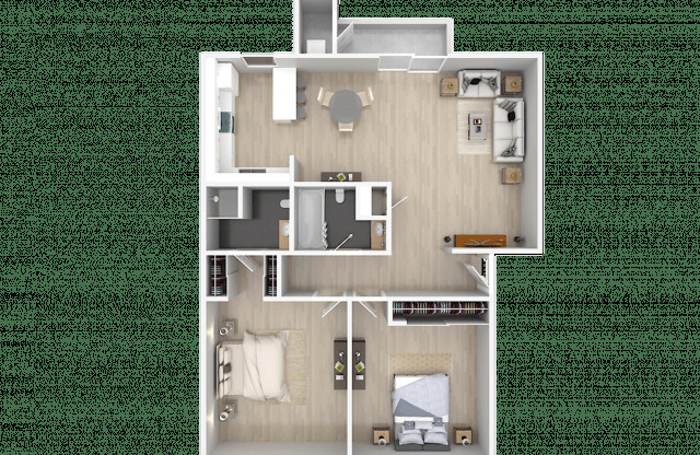 A top-down view of a house layout with a living room, kitchen, and two bedrooms.