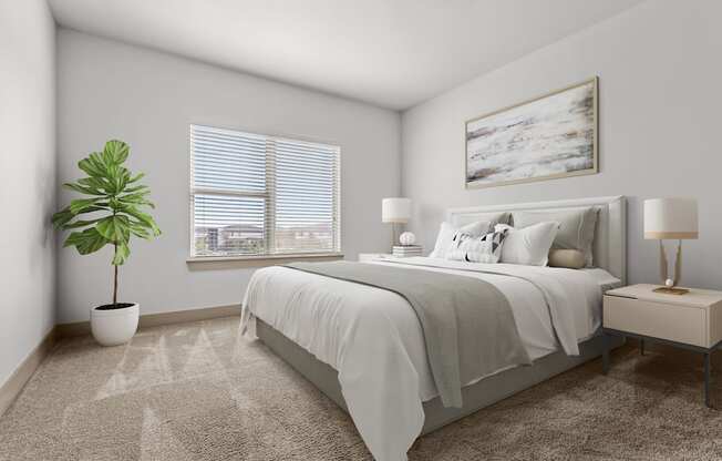 A bedroom with a bed, nightstand, and a plant.