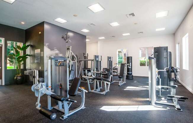 A gym with a variety of equipment including a leg press machine.