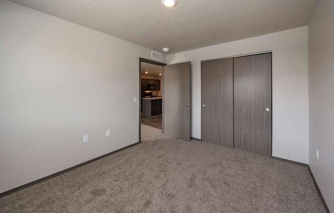 A room with carpeted floor and a closet with a door.