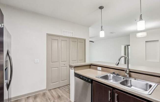 Royal Palm kitchen with a stainless steel dishwasher and a sink with a modern design at Oakleaf Plantation apartments in Jacksonville, FL.