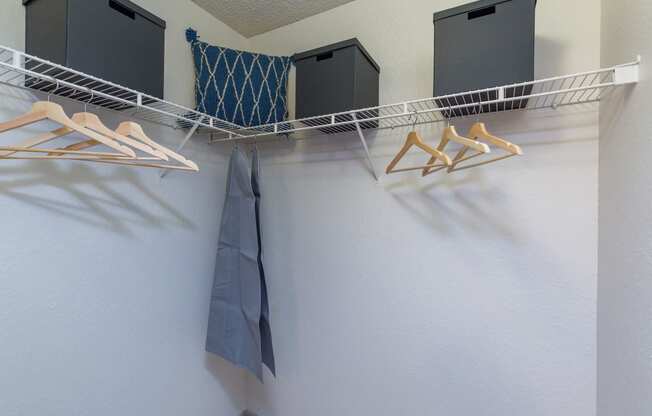 a closet with three hangers and three boxes on the wall