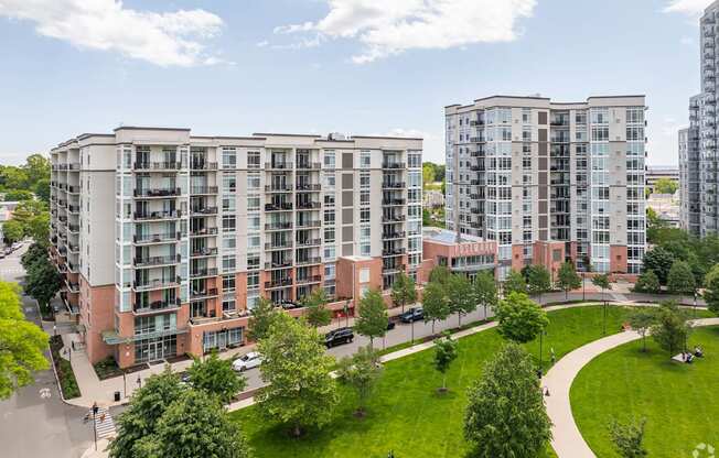 an aerial view of a neighbourhood with trees and buildings