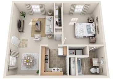 A 3D floor plan of a small apartment with a kitchen, living room, and bathroom.