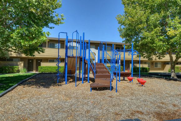 Outdoor Playground with Jungle Gym, Wood Chip Ground, Grass and Trees