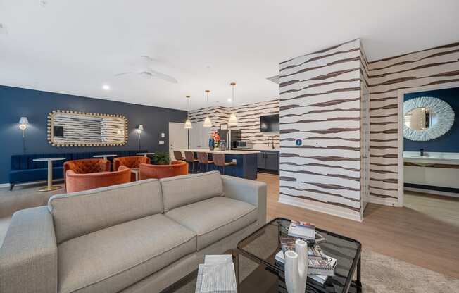 a living room with a couch and a coffee table