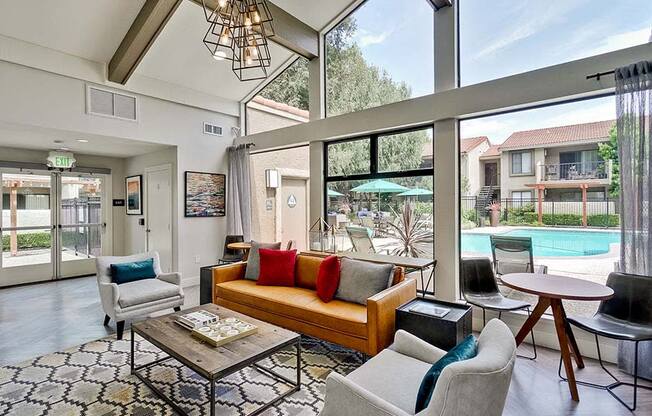 San Jose, CA Apartments for Rent- Villas Willow Glen- High Ceilings, Seating Area, and Floor-to-Ceiling Windows