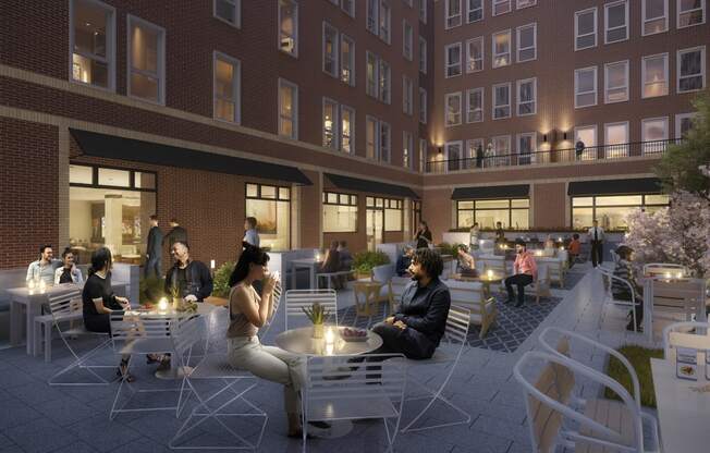 a rendering of an outdoor restaurant with people sitting at tables