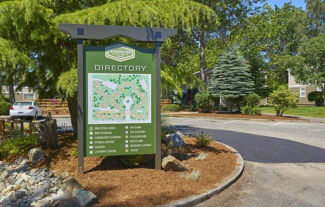 a sign that reads directory in front of a parking lot at Woodhaven, Everett, WA