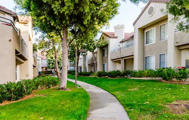 A tree in a grassy area in front of apartment buildings.