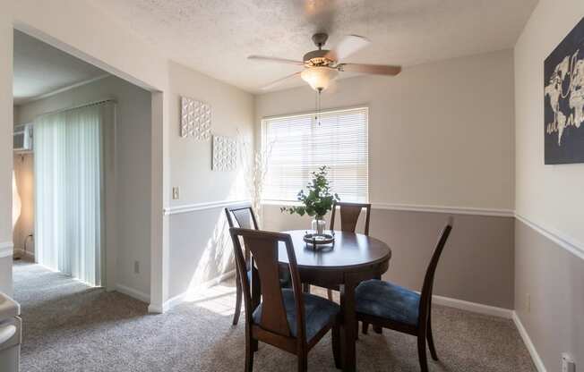This is a picture of the dining room in the 850 square foot, 1 bedroom, 1 bath apartment at Fairfield Pointe Apartments in Fairfield, Ohio.