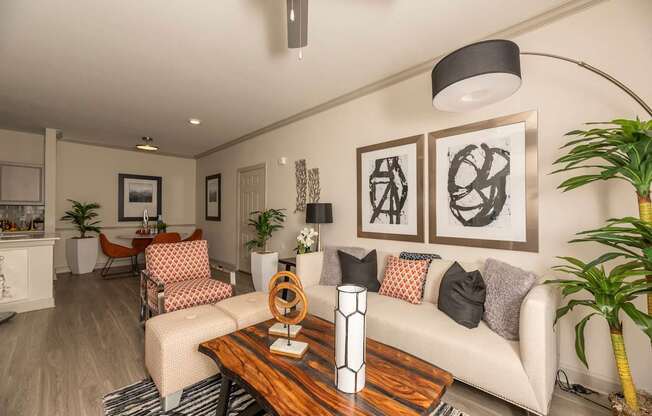 Living room with a white couch at Woodbridge Villas Apartments, Texas, 75048