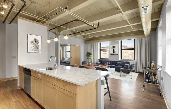 Kitchen + Living at Lowertown Lofts, St. Paul, MN