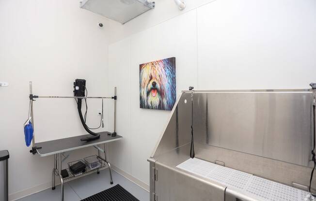 a kitchen with a sink and a painting on the wall