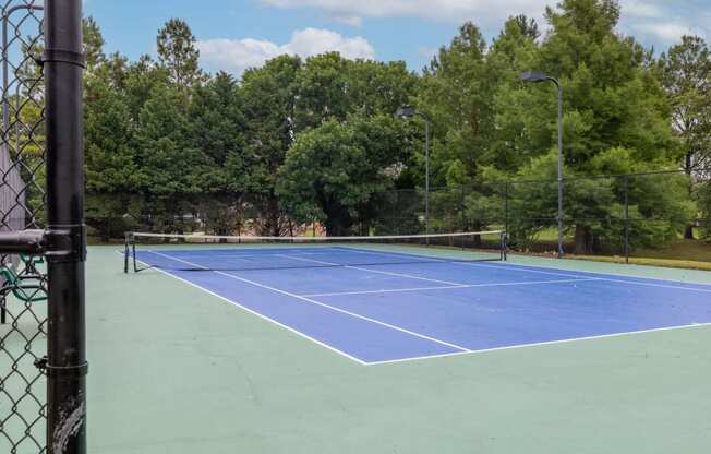 a blue tennis court with a fence around it and trees