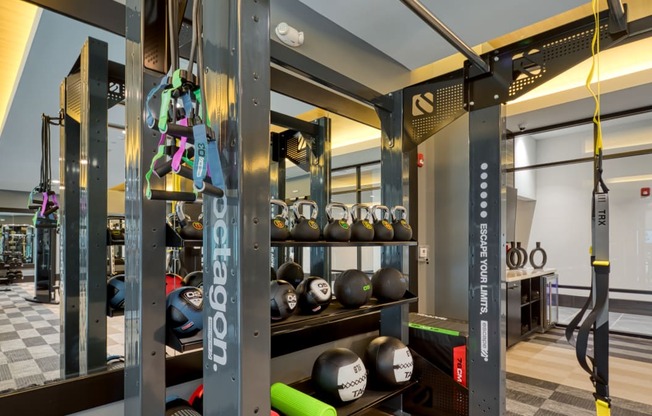 a gym with weights and other gym equipment on display at Aura Stonebridge, Virginia, 23225