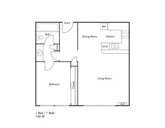 1 bed, 1 bath, 740 sqft, $1,988