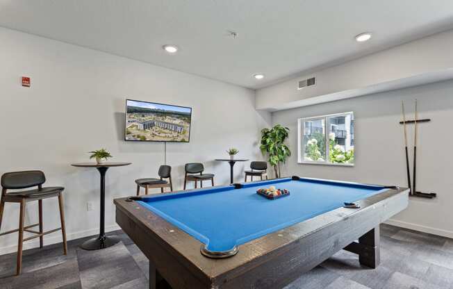 a games room with a pool table and a tv