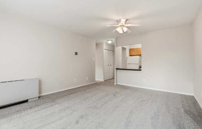 A spacious room with a ceiling fan and carpeted floor.