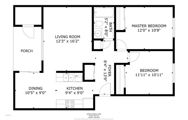 2 beds, 1 bath, 858 sqft, $1,350