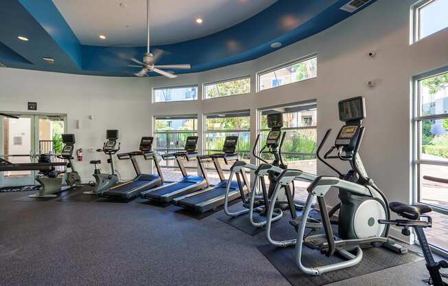 A gym with treadmills and exercise bikes.