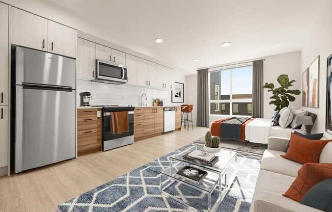 a kitchen and living room in a 555 waverly unit at Ion Town Center, Shoreline