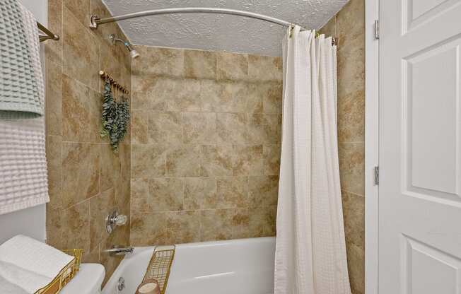 a bathroom with a shower and a tub and a shower curtain