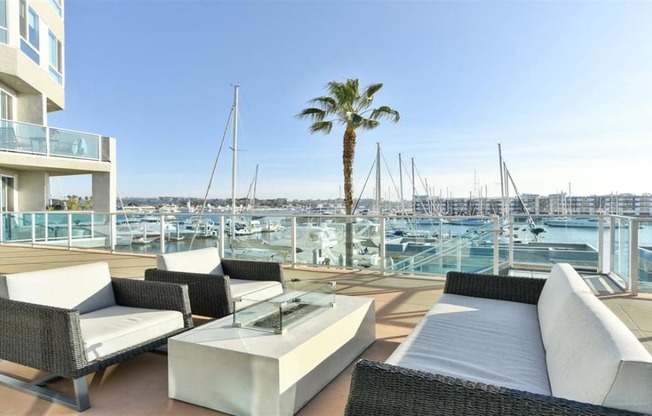 Sundeck with fire pit  at Esprit Apartments, California