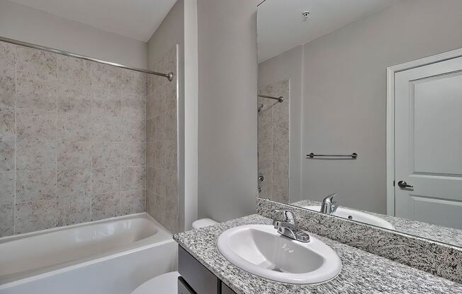 a bathroom with a sink and a tub and a mirror at Nexus at Sandhill, Columbia, SC 29229
