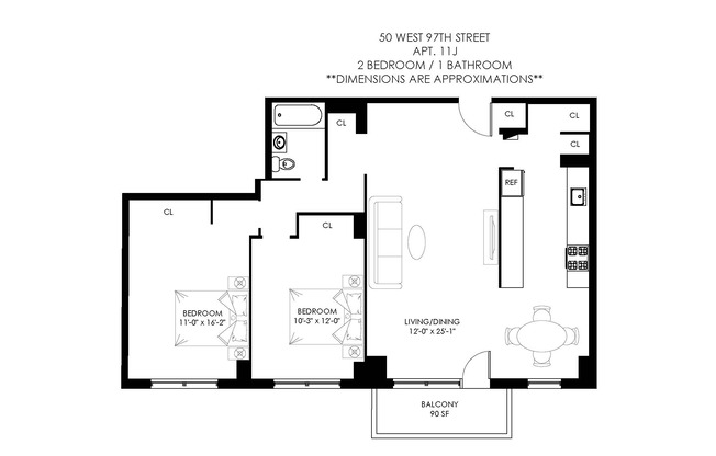 2 beds, 1 bath, $6,095, Unit 11J