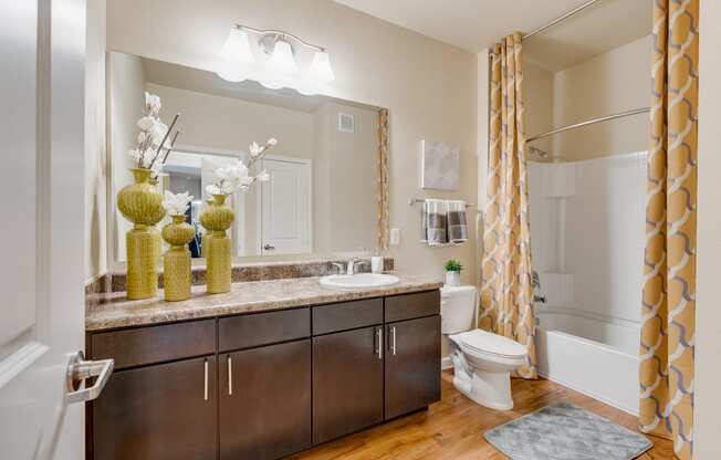 Bathroom With Large Espresso Vanity & Shower With Tub