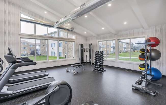 apartment fitness center with cardio and weight equipment