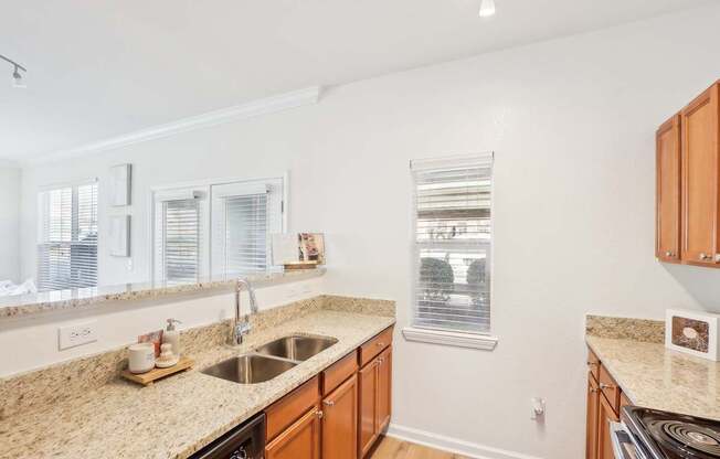 A kitchen with a sink, stove, and cabinets.