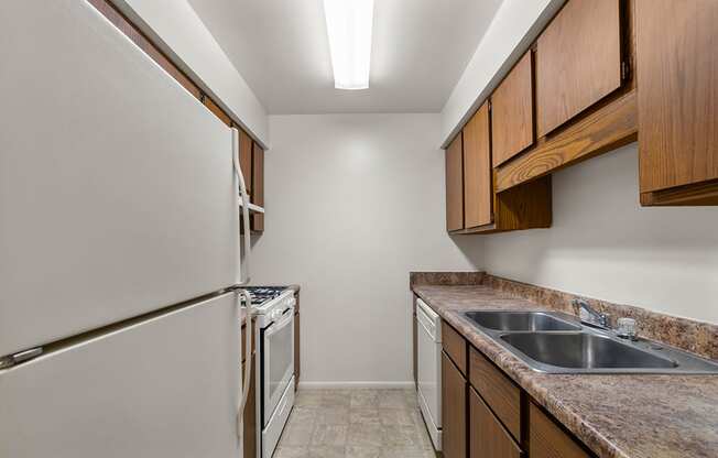 Kitchen in a 2-bedroom, 1-bathroom apartment at Briarwood Apartments, Columbus, IN.