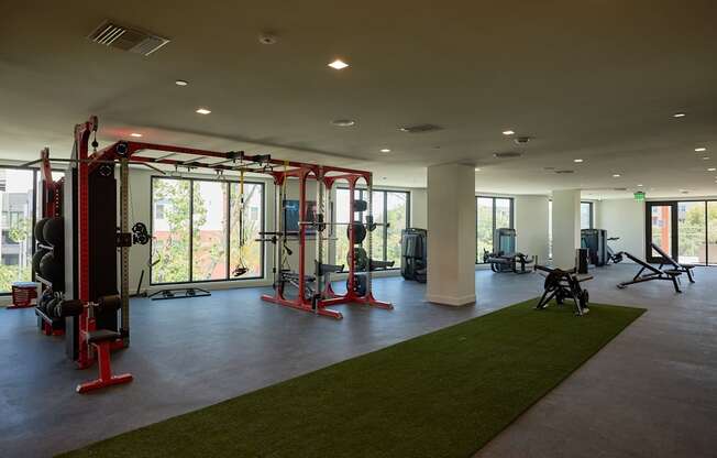 A gym with a green carpet and red equipment.