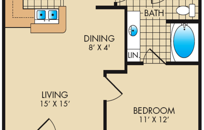 1 bed, 1 bath, 630 sqft, $1,385