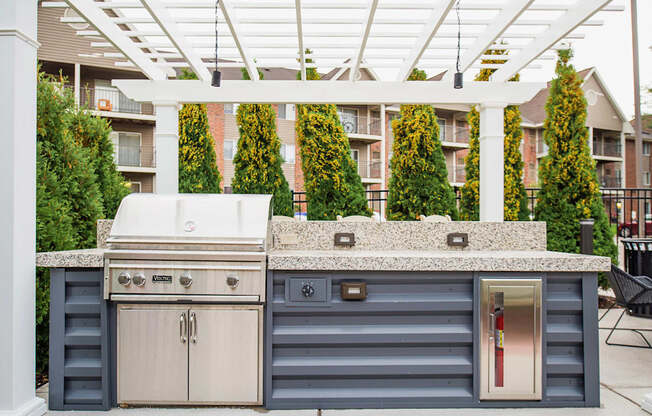 A communal outdoor patio adorned with ample seating arrangements, a cozy gas fireplace, and a fully-equipped grill ready for summer cookouts. The atmosphere radiates warmth and relaxation, offering residents a perfect setting to unwind and socialize amidst the comfort of their living space.