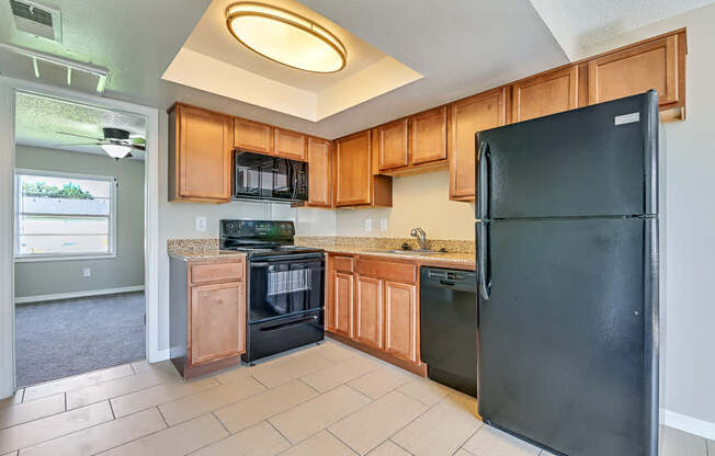 A black refrigerator is in a kitchen with wooden cabinets.
