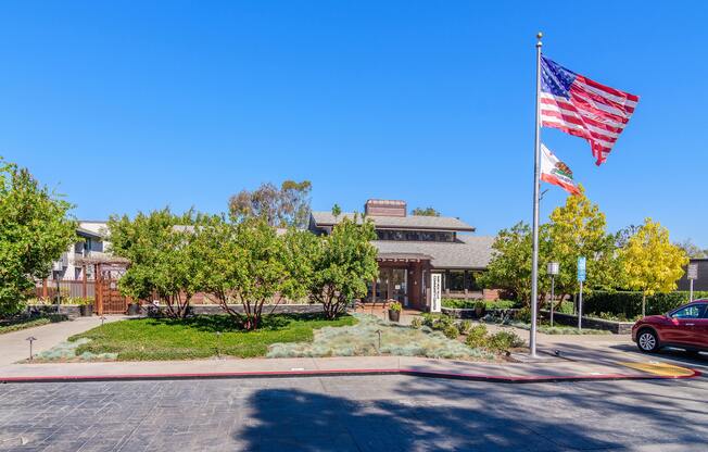 A building with a flag on top of it.
