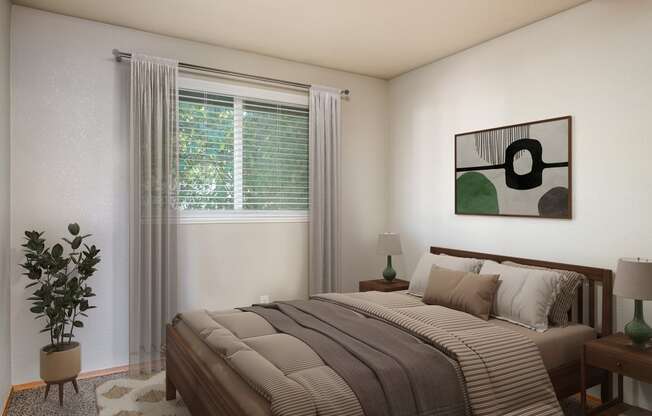 A bedroom with a bed, nightstand, and a painting on the wall.