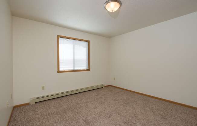 an empty living room with carpet and a window