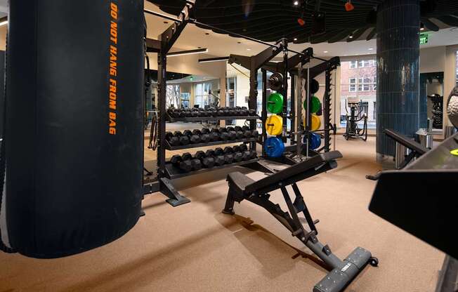 A gym with a punching bag that says "Do not have from bag".