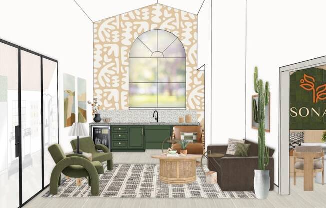 A room with a couch, chairs, and a table with a vase on it.
