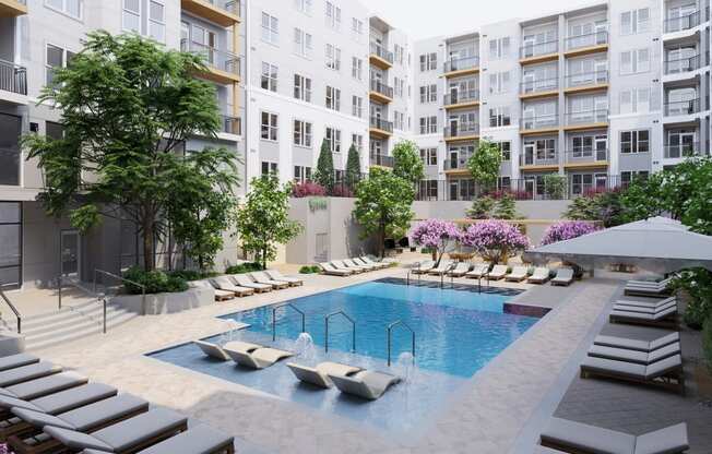 a rendering of an apartment building with a swimming pool