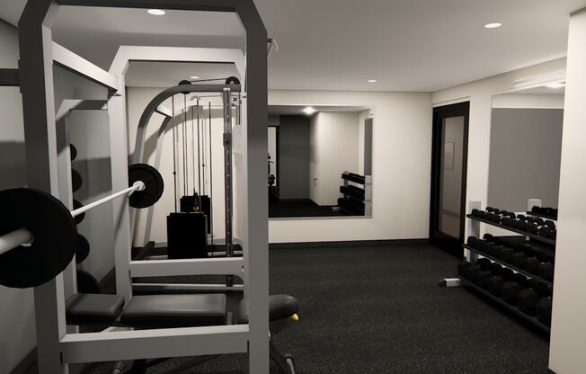 A black and white image of a home gym with a squat rack, bench, and weights.