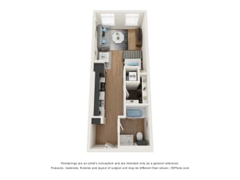 Studio, 1 bath, 490 sqft, $1,595