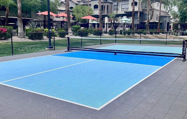A blue pickleball court surrounded by a black fence.